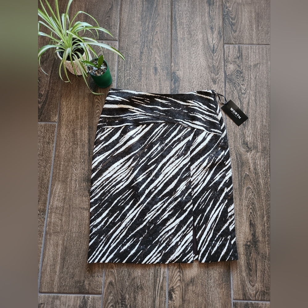 NWT Worth Linen Pencil Skirt in Chocolate Brown and Cream Animal Print Stripe